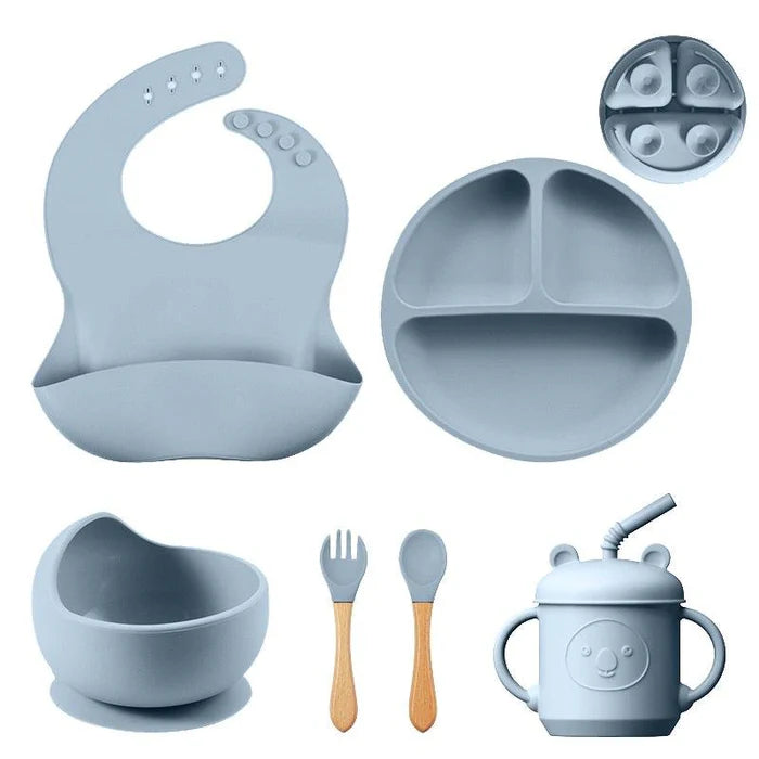 Kit Introdução Alimentar Silicone + Madeira - 8 Peças