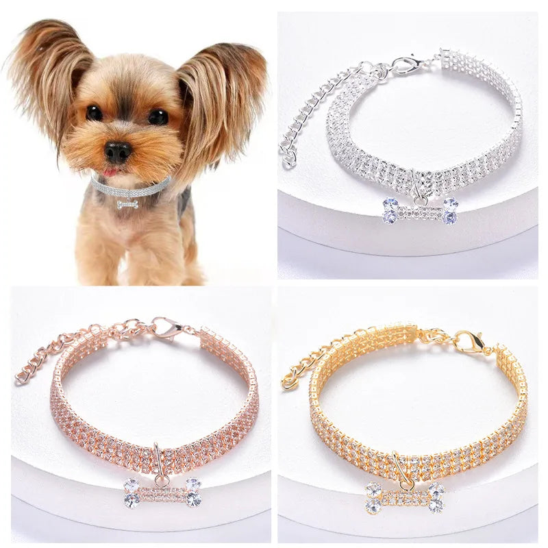 Ajustável Pet Colar com Diamante Zircão Osso Pingente, Luxo Metal Cobre Filhote de Cachorro Coleiras, Cão Suprimentos, Coleira Jóias, Gato