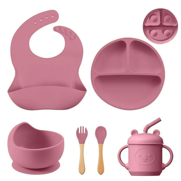 Kit Introdução Alimentar Silicone + Madeira - 8 Peças